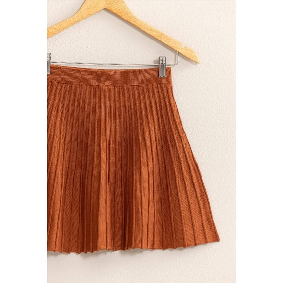 Hyfve Chocolate High Waist Knit Pleated Flare Mini Skirt - Picture 2 of 3